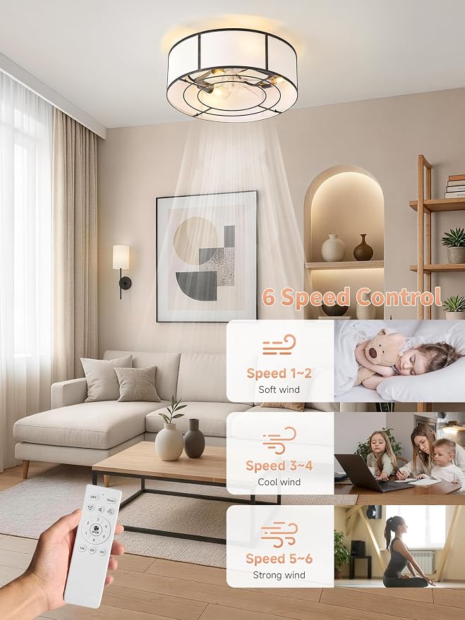 Low Profile Ceiling Fans with Lights, 20" Flush Mount Ceiling Fan with Light, Black and White Boho Bladeless with 6 Speeds Remote Control for Bedroom, Nursery, Living Room