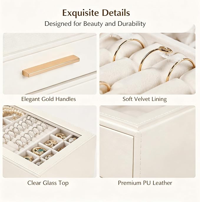 GUOER Jewelry Box for Women, Glass Lid Jewelry Organizer with 3 Drawers PU Jewelry Storage Case for Necklaces Rings Earrings Bracelets, Mother's Day, White