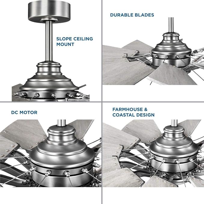 Progress Lighting Springer Collection DC Motor Farmhouse Windmill Ceiling Fan, Antique Nickel, 12-Blade (52" W x 17-3/8" H) P250065-081