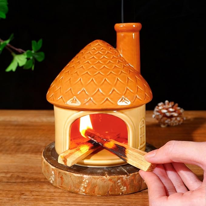 Mougigi Mini Ceramic Palo Santo Burner - Yellow House Chiminea Incense Holder with Stable Base, Ideal for Smudging Sage, Burning Incense Cones - Perfect for Meditation, Yoga, Altars, Home Decor