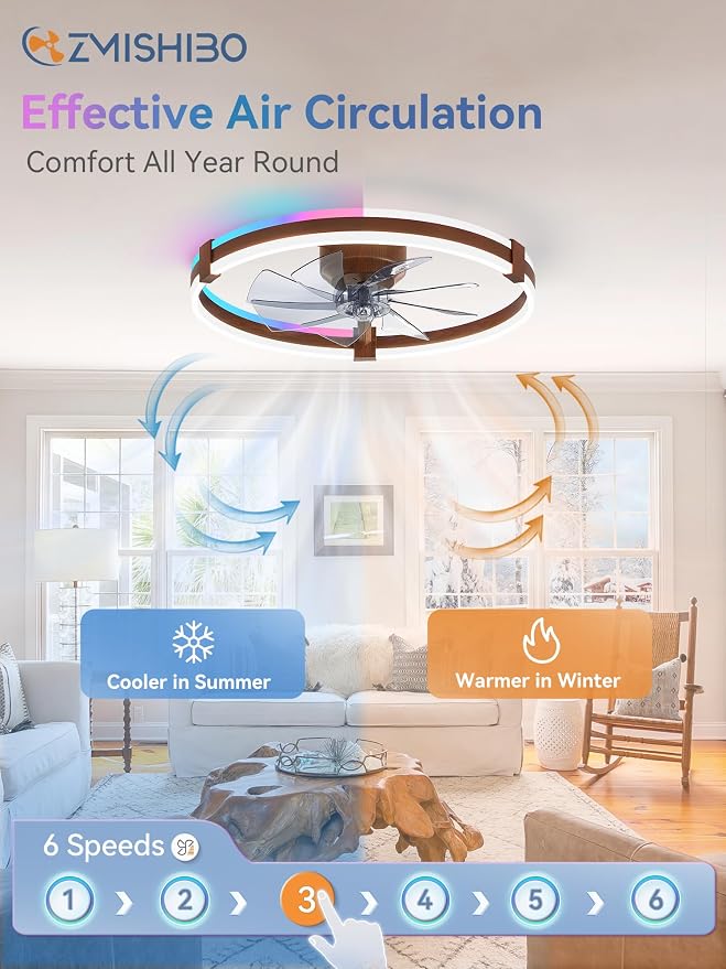 ZMISHIBO RGB Ceiling Fans with Lights and Remote, 23 inch Low Profile Ceiling Fan with Light, 3000K-6000K Dimmable & RGB, Modern Fandelier Flush Mount Ceiling Fan, Small LED Fan for Bedroom,Walnut