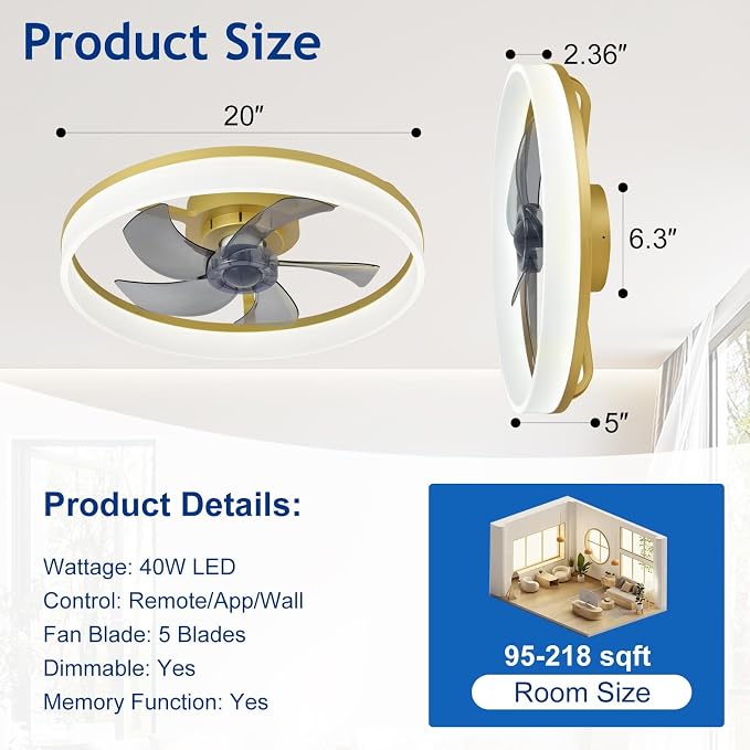 DLLT Low Profile Ceiling Fan: 20" Modern Flush Mount Ceiling Fans with Lights for Bedroom - Gold Dimmable LED Bladeless Fandelier with APP Remote Control Quiet DC Motor for Kids Room Living Room