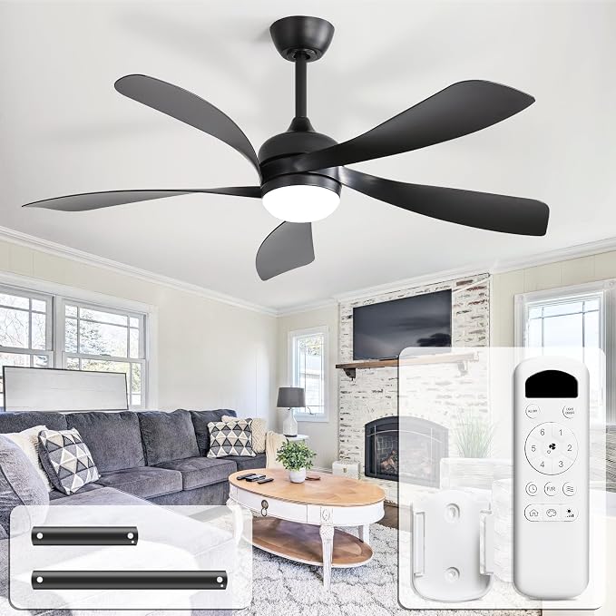 CACI Mall 52 inch Black Ceiling Fans with Lights, Remote Control, Modern, Low Profile, Outdoor Ceiling Fan with 5 Blades, Quiet Reversible DC Motor for Living Room, Bedroom, Patios