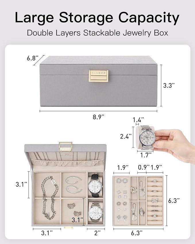 VLANDO 2 Layer Jewelry Box Large Jewelry Organizer for Women Removable Jewelery Tray with Watch Pillow for Necklace Earrings Rings Bracelets Gifts for Couples Mom Friends, Bridesmaid (Grey)