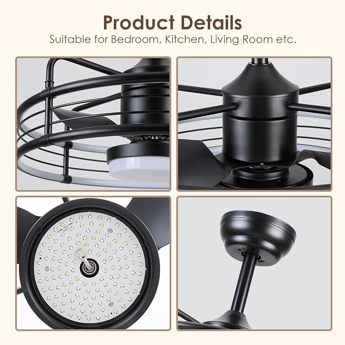 SHIHOT 20" Caged Ceiling Fans with Lights - Bladeless Black Ceiling Fans with Remote, Reversible and Dimmable,Industrial Ceiling Fans with 6-Speed for Bedroom Kitchen