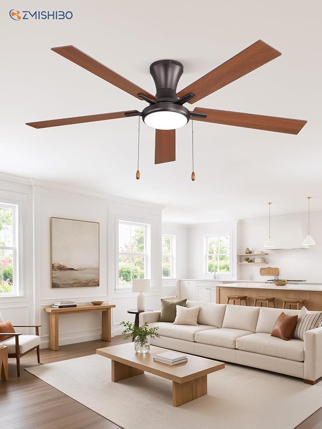 ZMISHIBO Ceiling Fans with Lights, Low Profile Ceiling Fan with Pull Chain and Remote Control, Flush Mount, Reversible, Dimmable, Noiseless, Black Pull Cord Ceiling Fan for Bedroom(60inch Brown)