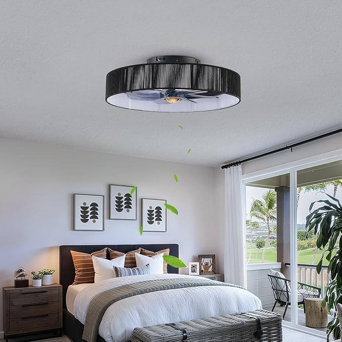 20" Flush Mount Caged Ceiling Fan with Lights, Low Profile Fandelier with Remote/App Control, 6 Speeds Dimmable LED Ceiling Fan, Fabric Farmhouse Style for Bedroom Kitchen Living Room（Black）