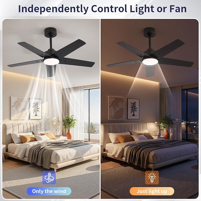 42 Inch Ceiling Fans with Lights and Remote for Bedroom Living Room Kitchen Home Office Indoor/Outdoor, 6CCT Dimmable, Dual Color 5 Blades, 6 Speed Reversible Quiet DC Motor, Black/Wood Grain