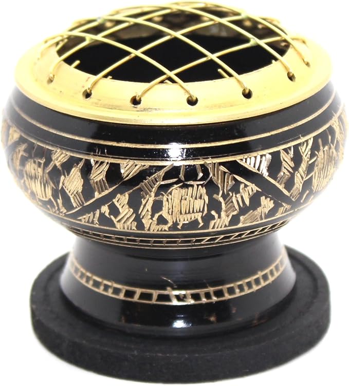 Govinda - Small Decorated Brass Charcoal Screen Incense Burner with Wooden Coaster