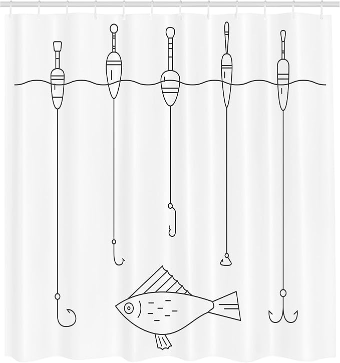 Ambesonne Nautical Shower Curtain, Fishing Tackle Floaters Hooks Fishing Gear Equipment Doodle Style Art, Cloth Fabric Bathroom Decor Set with Hooks, 69" W X 75" L, Grey Charcoal