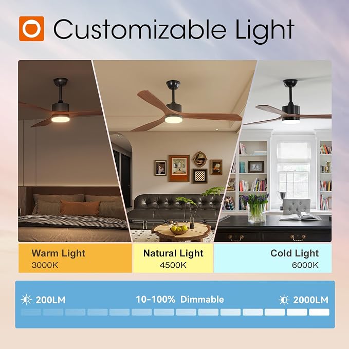 addlon 60 inch Ceiling Fans with Lights and Remote Control, Reversible, 3 Wood Blades, 6 Speeds, 3CCT Dimmable, Noiseless, Indoor/Outdoor Black Walnut Ceiling Fan for Bedroom Living Room Gazebo Patio