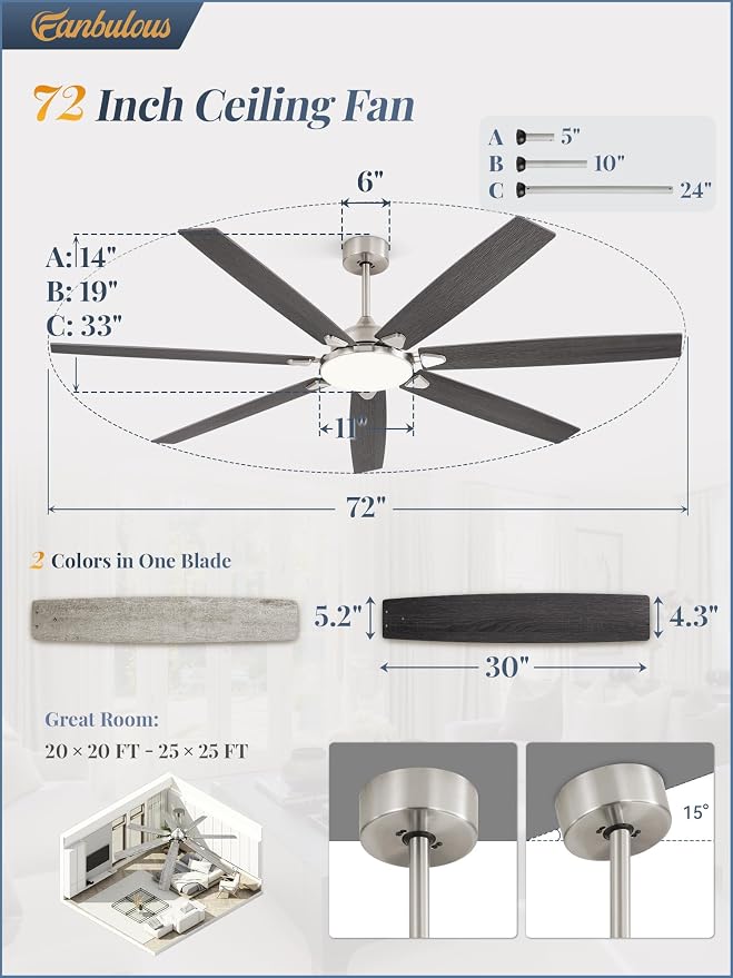Fanbulous 72 Inch Large Ceiling Fans with Lights, Nickel Modern Ceiling Fan with Quiet DC Motor, 3CCT, Indoor/Outdoor Ceiling Fan with Dual Finish Reversible 7 Blades, Timer for Living Room, Patio