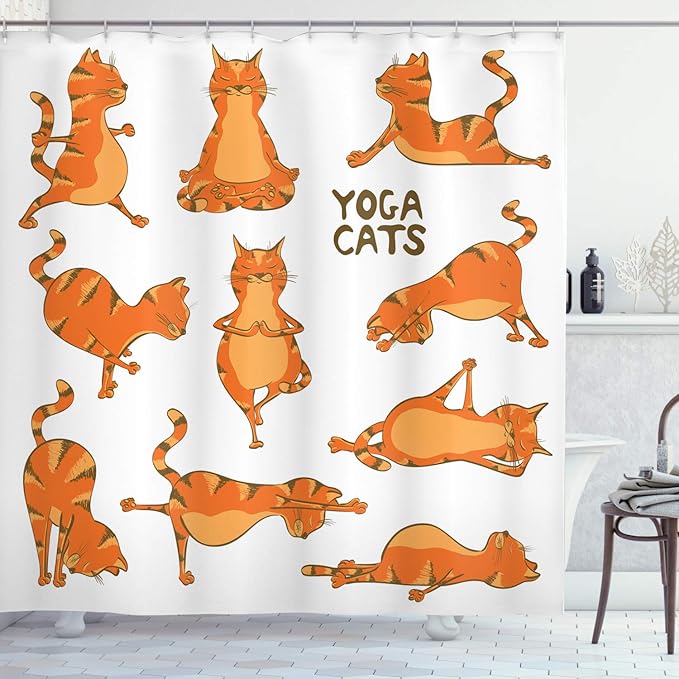 Ambesonne Cat Shower Curtain, Cats Doing Funny Fitness Exercises and Flexibility Position Sports Stretch Gymnastics, Cloth Fabric Bathroom Decor Set with Hooks, 69" W x 75" L, White Orange