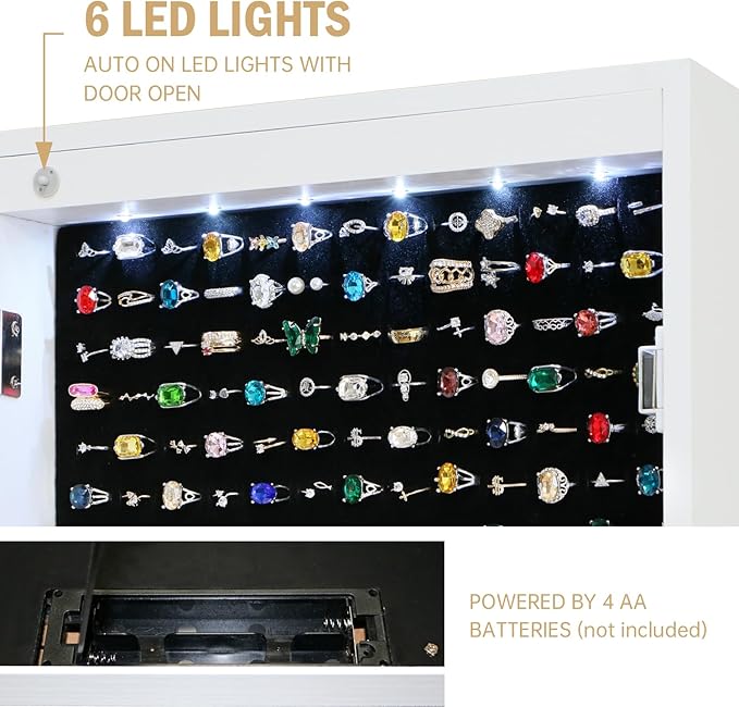Jewelry Armoire Cabinet Organizer Standing with 20 LED Lights Lockable Full Length Mirror with Storage Shelves and 2 Drawers (White) Adjustable Tilt Angles Gift for Her