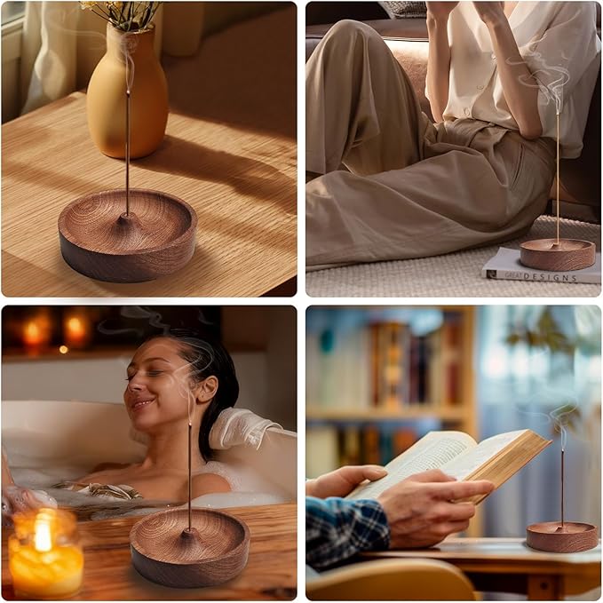Incense Holder,Black Walnut Hand - Crafted Round Burner for Sticks with Ash Catcher 3.5‘×3.5’,Perfect for Relaxation at Home, Yoga,Spa & as a Gift