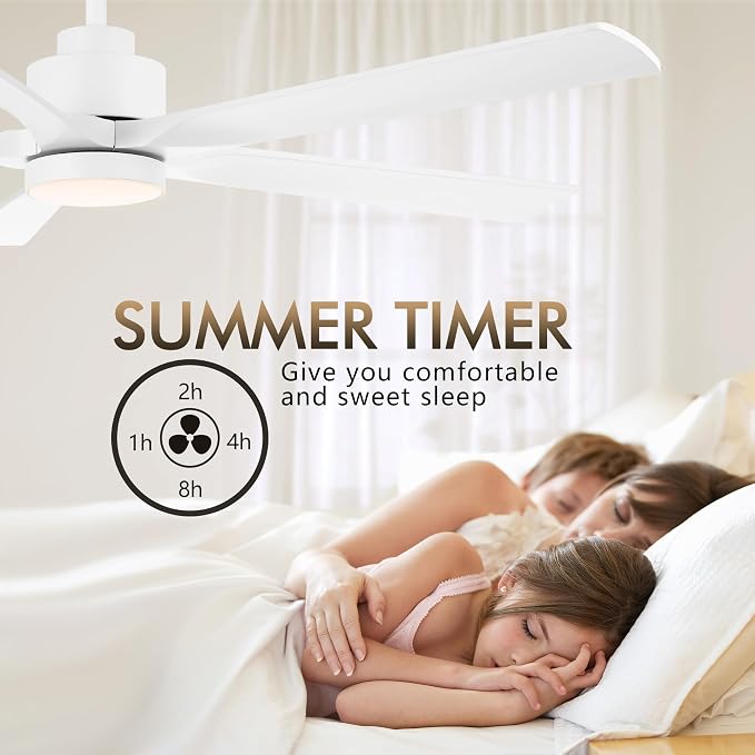 ELEHINSER 60" Modern Ceiling Fan with Lights and Remote Control, 5 Solid Wood Blades 6-Speed Noiseless Reversible DC Motor, Ceiling Fan for Bedroom Dinning Living Room, White