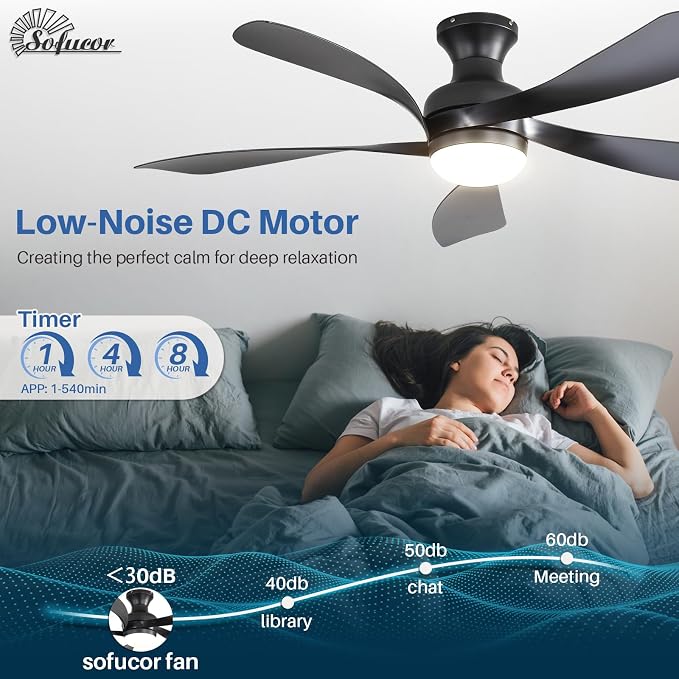 Sofucor Smart 52'' Low Profile Ceiling Fan with Lights and Remote, Flush Mount Ceiling Fan Work with APP/Alexa/Google for Modern Bedroom Living Room Patio, Dimmable LED Quiet Reversible DC Motor