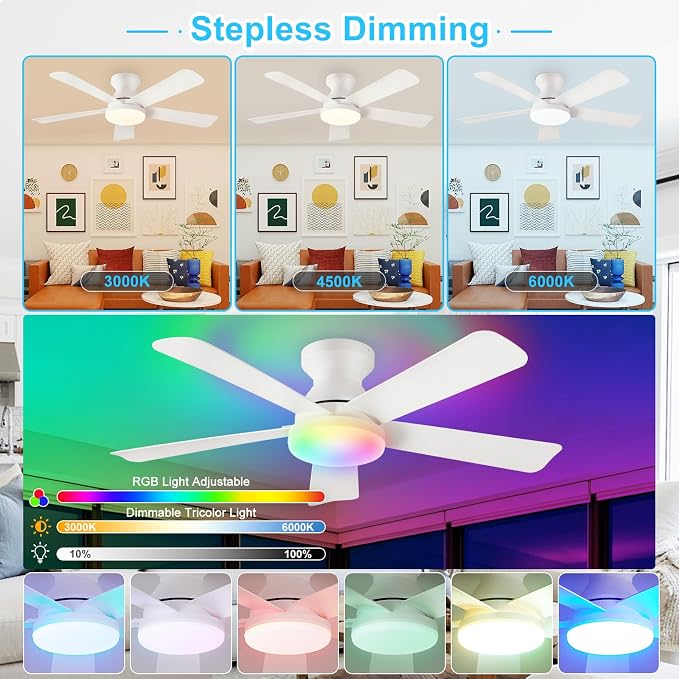 Depuley Ceiling Fan with RGB Light: 42-Inch White Small Fans for Bedroom Indoor Outdoor - Dimmable Low Profile Ceiling Fans with Remote Control Flush Mount 5 Reversible White Blades 6 Speeds Timer