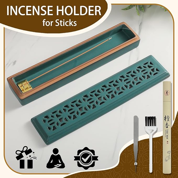 CEREMONY Incense Holder for Sticks, Ceramic Insence-Stick Holder Ash Catcher, Incense Holder Timkburner for Meditation Yoga Spa Room Incense Holder (Lever Green)
