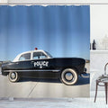 Ambesonne American Shower Curtain, Side View of a Parked Old American Police Car and The Sky Digital Print, Cloth Fabric Bathroom Decor Set with Hooks, 69" W x 84" L, Blue Beige and Black