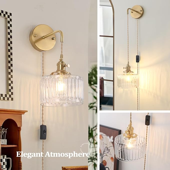 Shenmoyl Vintage Wall Sconce with Clear Striped Glass Shade Hanging Wall Sconce with 4.9FT Plug in Cord, Modern Wall Lamp Fixtures Decor for Bedside Bedroom Indoor Doorway, Set of 2