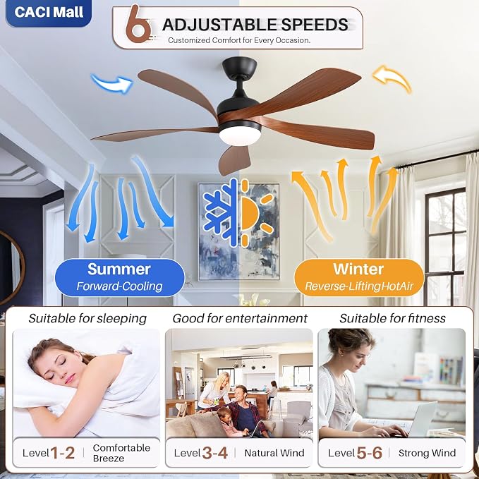 CACI Mall 52 inch Smart Ceiling Fan with Lights, Remote Control, Compatible with Alexa/Google/App, 5 Blades, Dimmable Lighting, Quiet, Indoor/Outdoor Ceiling Fans for Living Room, Bedroom, Patios