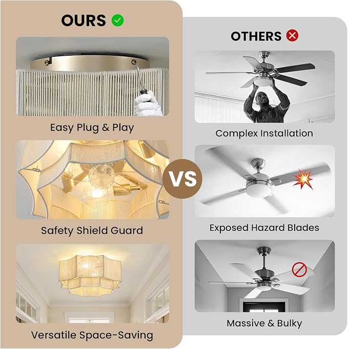 RUIYEY Boho Ceiling Fans with Lights: 20 inch Beige 2-Tier Modern Flush Mount Ceiling Fan with Remote, 7 Blades Reversible 6 Speeds E26 4 Light Low Profile Caged Fandelier for Bedroom Kitchen Island