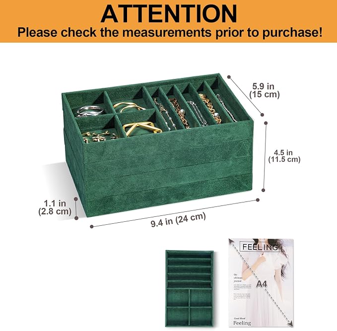 ProCase Stackable Jewelry Organizer Trays for Drawers, Jewelry Drawer Inserts Container Display Case Storage for Earring Necklace Rings Bracelet with Removable Dividers -Green, 4 Layers