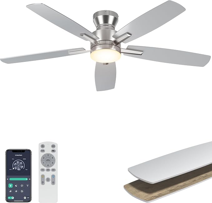 Ohniyou Ceiling Fans with Lights, 52'' Low Profile Ceiling Fan with Light and Remote/APP Control, Modern Flush Mount Ceiling Fan for Indoor Bedroom Living Room, Dimmable, Quiet DC Motor, Silver