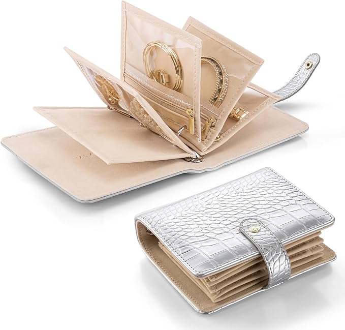 VLANDO Travel Jewelry Organizer Case,Travel Gifts for Women,Portable Jewelry Storage Book Ring Binder with Clear Zipper Velvet Jewelry Pouch Bag-Silver