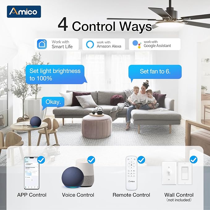 Amico 52 Inch Smart Ceiling Fan with Lights, Remote/App/Alexa/Google Control, WiFi Modern Downrod Mount Ceiling Fan, Reversible DC Motor, 6 Speeds, 3CCT, Dimmable, Quiet for Bedroom/Living Room, Black