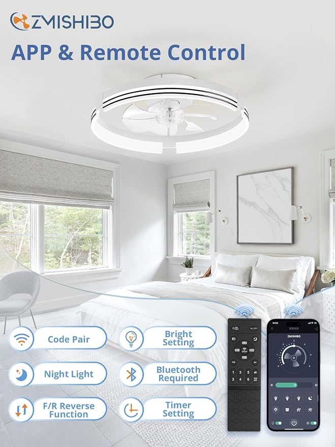 ZMISHIBO Low Profile Ceiling Fans with Lights and Remote, 20 Inch Flush Mount Ceiling Fan with Light, 3000K-6000K Dimmable Fandelier LED Fan Light, 6 Wind Speeds White Ceiling Fans for Bedroom