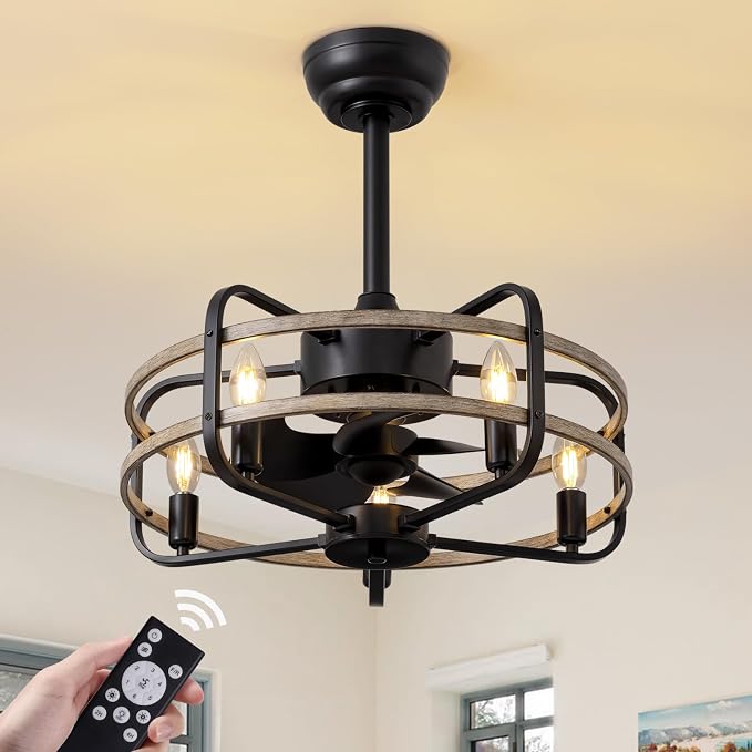 NOXARTE 20 Inch Caged Ceiling Fan with Light and Remote, Flush Mount Vintage Farmhouse Fandelier 6 Speeds Reverse Motor Rustic Bladeless Ceiling Fan for Bedroom Living Room Dining Room