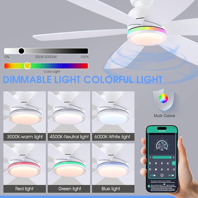 Kviflon 46" Ceiling Fans with RGB Lights Remote/APP Control, Flush Mount Ceiling Fans, Double-Sided 6 Reversible Blades, RGB Ring Lights+3CCT Dimmable Lights, Double Lampshade for Bedroom, White