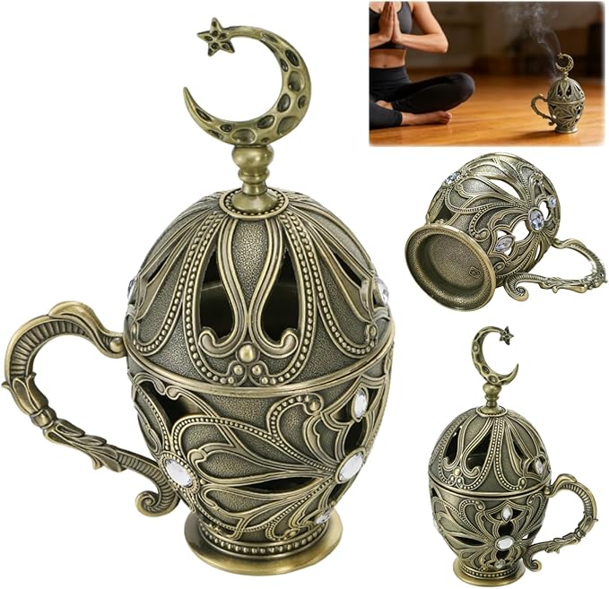Frankincense Resin Incense Burner, Metal Charcoal Incense Censer with Handle, Vintage Bakhoor Herb Burner, Cone Coil Holder for Yoga Spa Aromatherapy Meditation, Decor for Home Office, Bronze