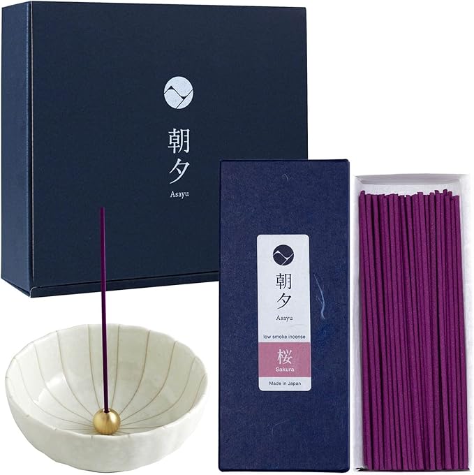 Asayu Japan Low Smoke Incense Gift Set with Incense Holder and Brass Stand, Sakura Incense Sticks with White Lotus Holder