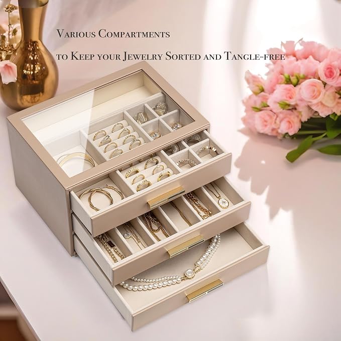 VLANDO 3-Drawer Jewelry Box with Glass Lid, Faux Leather Organizer for Rings Earrings Necklaces and More, Gift-Ready Jewelry Case for Women Girls or Moms, Latte