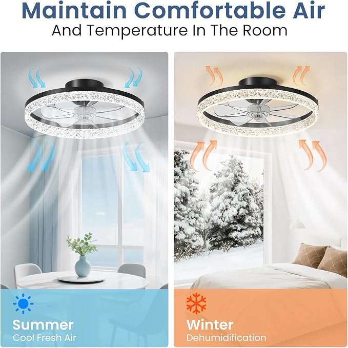 CHAREADA Ceiling Fan with Light, 20" Modern Low Profile Foldable Ceiling Fans with 6 Wind Speeds (Crystal Black)