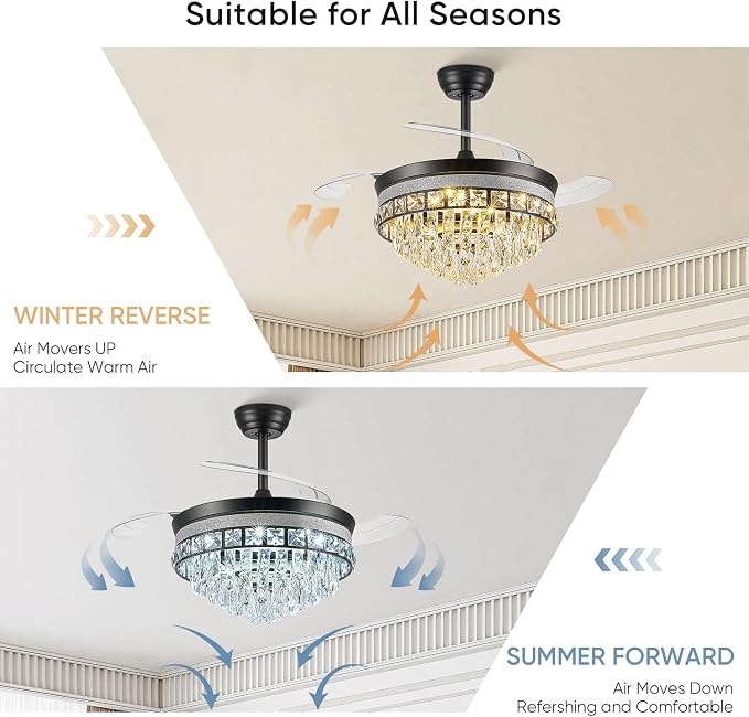 42 Inch Fandelier Ceiling Fan with Light, Chandelier Ceiling Fans with Lights, Crystal Ceiling Fans for Bedroom Living Room, LED Dimmable, 6 Wind Speed,3 Color Temperatures-Black