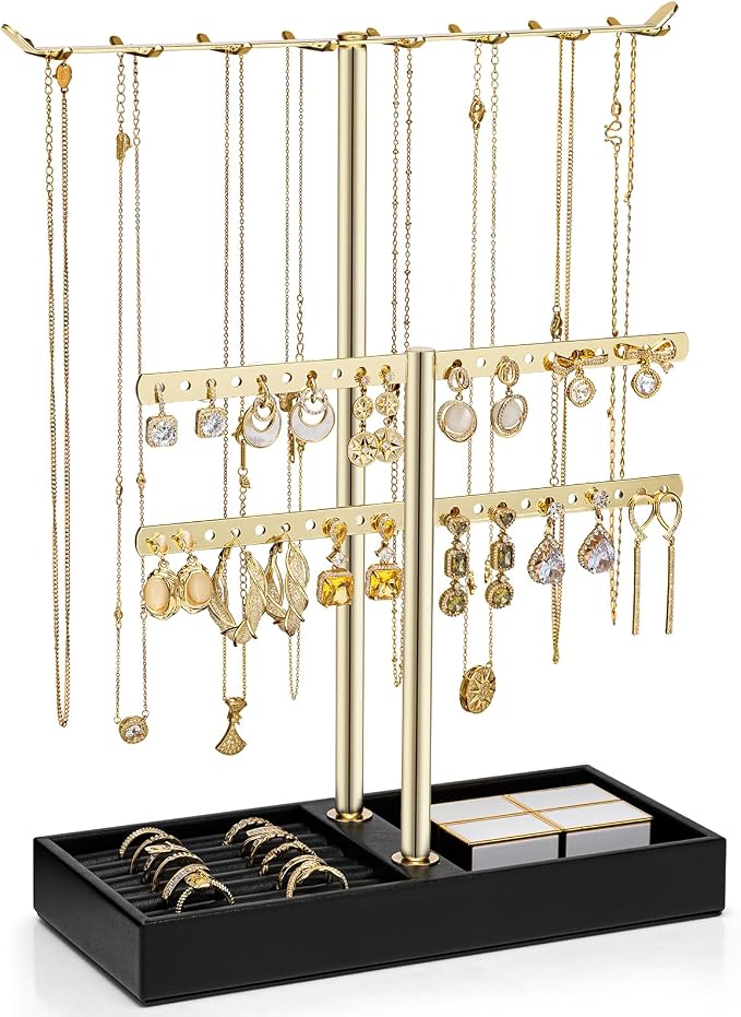 VLANDO 2 Tier Jewelry Stand Organizer with Tary, Leather Jewelry Holder Display for Women, Gold Jewlery Holder Stand for Necklace, Earring, Bracelet, Rings - Black