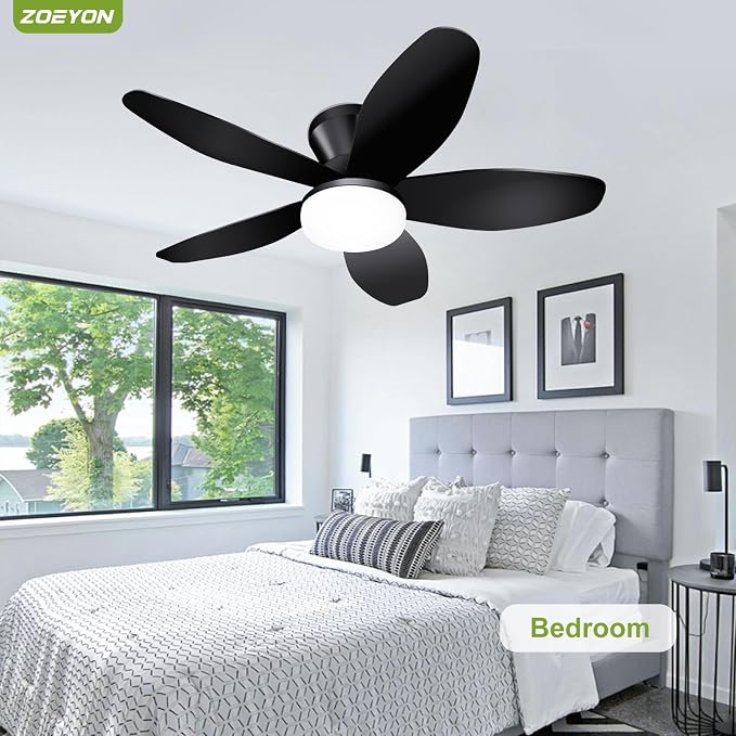 Small Ceiling Fan with Light - 35 Inch Flush Mount Ceiling Fan with Lights and Remote, Low Profile Ceiling Fans with 5 Reversible Blades, 6 Wind Speeds, Black Ceiling Fans for Bedroom