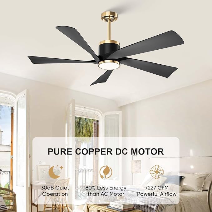 TXCSLY 52'' Ceiling Fans with Lights, Modern Ceiling Fan with Remote Control, Indoor Outdoor Ceiling Fan for Living Room, Bedroom, 5 Blade, 3 Color Temperature, Dimmable (Black & Gold)