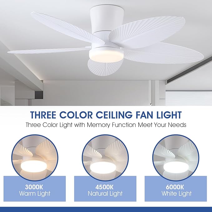 Surtime Palm Leaf Ceiling Fans with Lights-42 Tropical Ceiling Fan with Light and Remote/APP Control,Flush Mount Low Profile White Ceiling Fans for Bedroom,Indoor/Outdoor Patio Use