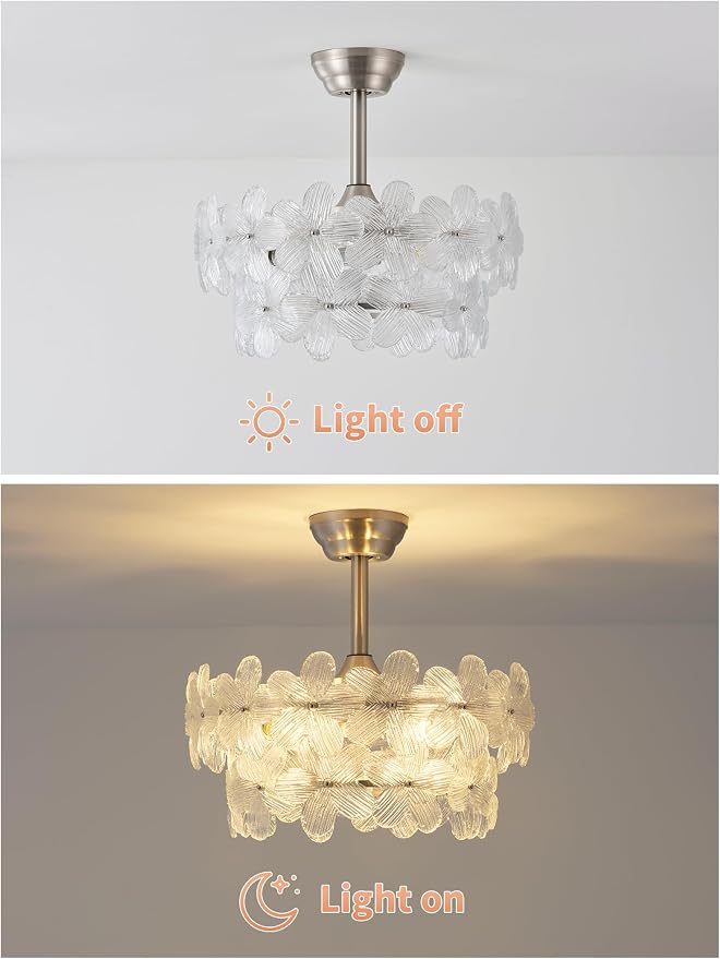 Silver Crystal Fandelier Ceiling Fans with Lights, 20" Silver Flower Chandelier Ceiling Fan with Light Remote Control, Caged Mid-Century with 6 Speeds for Bedroom, Nursery, Living Room