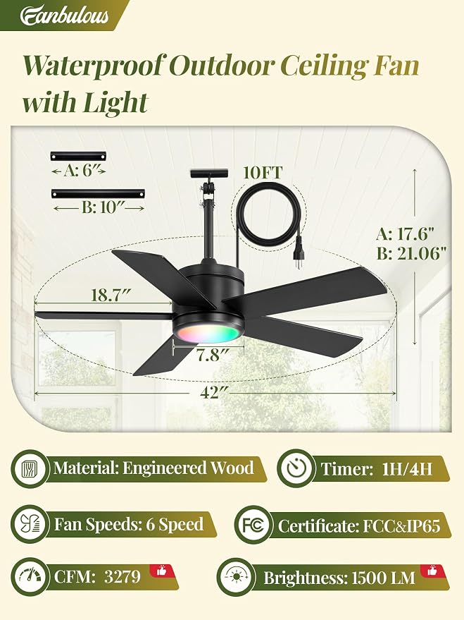 Fanbulous 42" Outdoor Ceiling Fans with Lights, APP Remote Control, IP65 Waterproof, RGB Dimmable Light, Plug-and Play,10FT Cord, 6-Speeds, 3CCT, Hook Hanging Fan for Gazebo Patio Porch Canopy(Black)