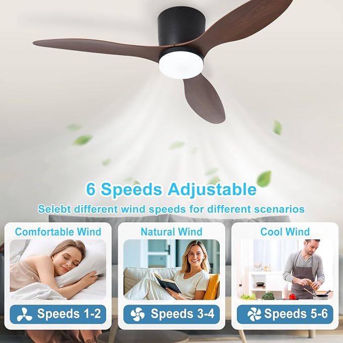Depuley Flush Mount Ceiling Fan: 42-Inch Black Ceiling Fans with Lights for Bedroom Indoor Outdoor - Low Profile Ceiling Fans with Remote Control 24W 3CCT Dimmable 3 Reversible Walnut Blades 6 Speeds