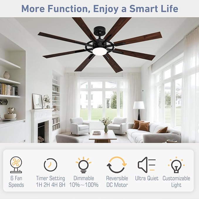 60 Inch Smart Ceiling Fan, Black Indoor/Outdoor Ceiling Fans with Lights and Remote, Compatible with Alexa/Google/App, 3CCT Dimmable 6 Speeds Timing for Living Room Bedroom Patio