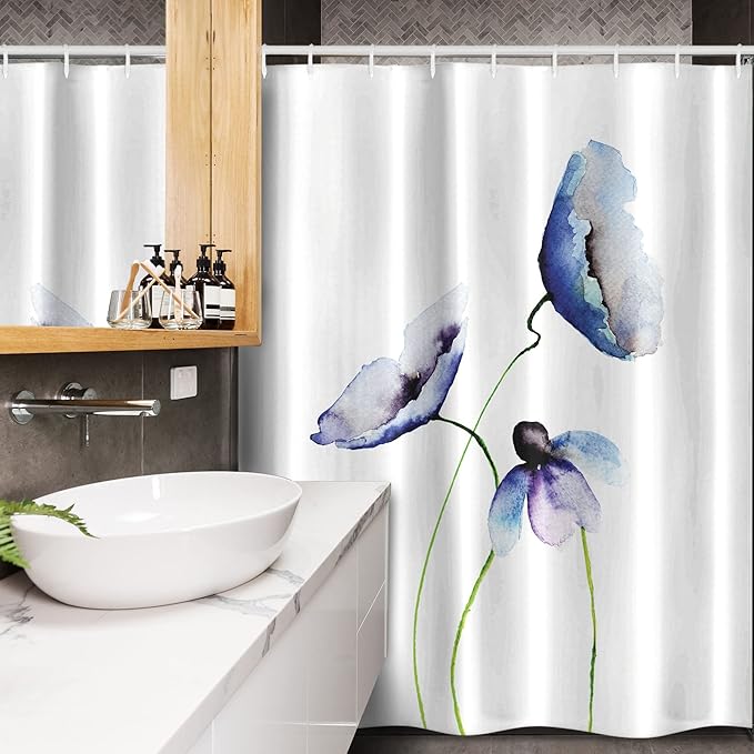 Ambesonne Watercolor Flower Stall Shower Curtain, Abstract Poppies Blossoms Simple Composition Picture, Fabric Bathroom Decor Set with Hooks, 54" W x 78" L, Blue and Green