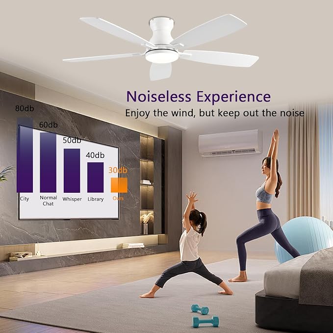 NKPU Ceiling Fans with Lights, Low Profile Ceiling Fan with Light and Remote/APP Control, DC Motor, Noiseless, Flush Mount, 52inch White Ceiling Fan for Bedroom Indoor/Outdoor Use