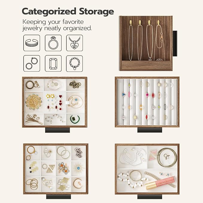 HOOBRO Jewelry Box for Women, Wooden Jewelry Organizer with Transparent Window, 4-Layer Jewelry Organizer Box, Jewelry Holder Organizer for Earrings, Necklaces, Rings, Walnut and Black BH09JB04